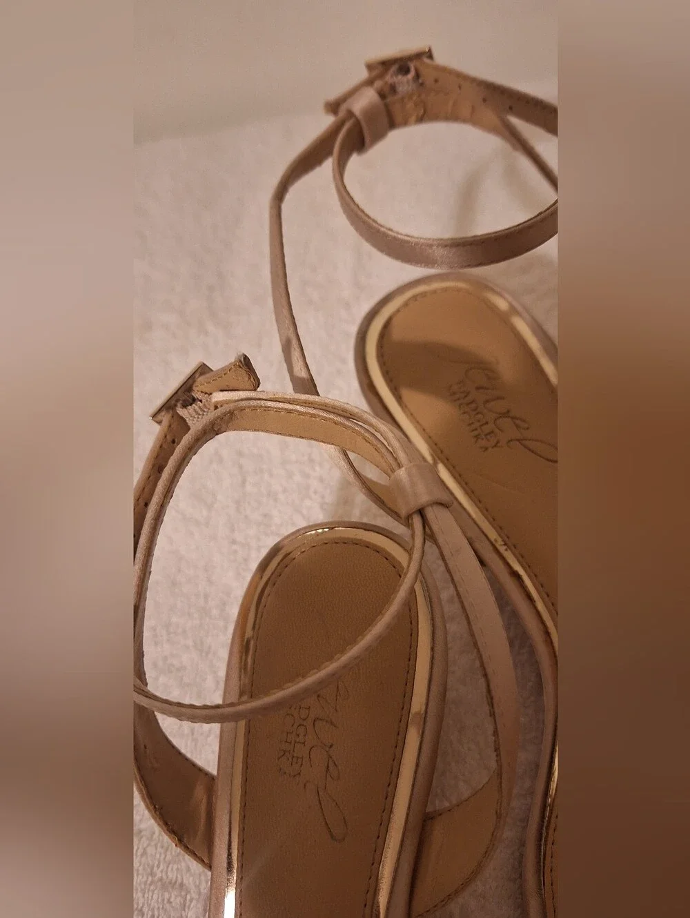 Jewel Badgley Mischka Champagne Satin. Crystal-Strap Open-Toe Sandals